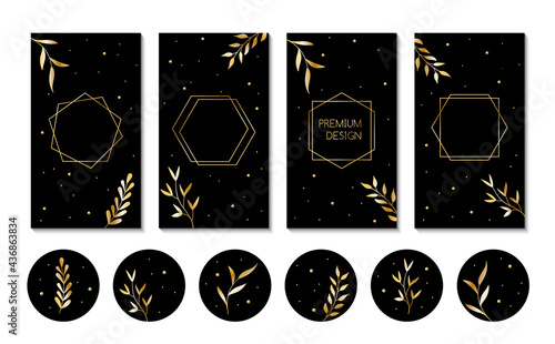 Vector stories templates and highlight cover icons for social media. Abstract black backgrounds with golden leaves for instagram bloggers