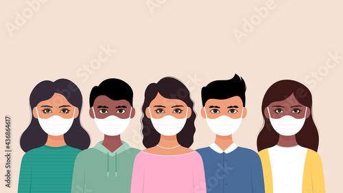 Group of people wearing medical mask to prevent from corona virus. Vector illustration.