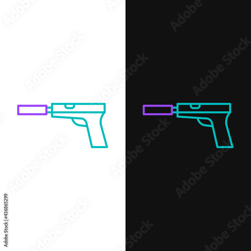 Line Pistol or gun with silencer icon isolated on white and black background. Colorful outline concept. Vector