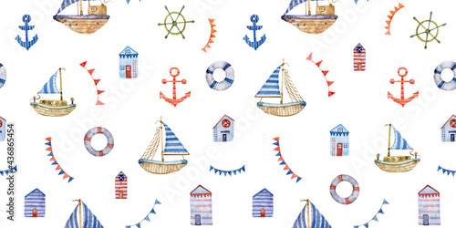 Canvas Print Watercolor seamless hand drawn nautical pattern with vessels, ships, sailboat, anchors, wheel , lifebuoys, coastal houses, garlands of flags