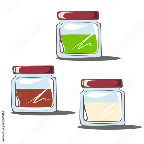 Glass jars for spices, cereals, seasonings, bulk products, sugar. Realistic glass image. Table setting. Organization of storage in the kitchen. Set of dishes. Isolated vector objects
