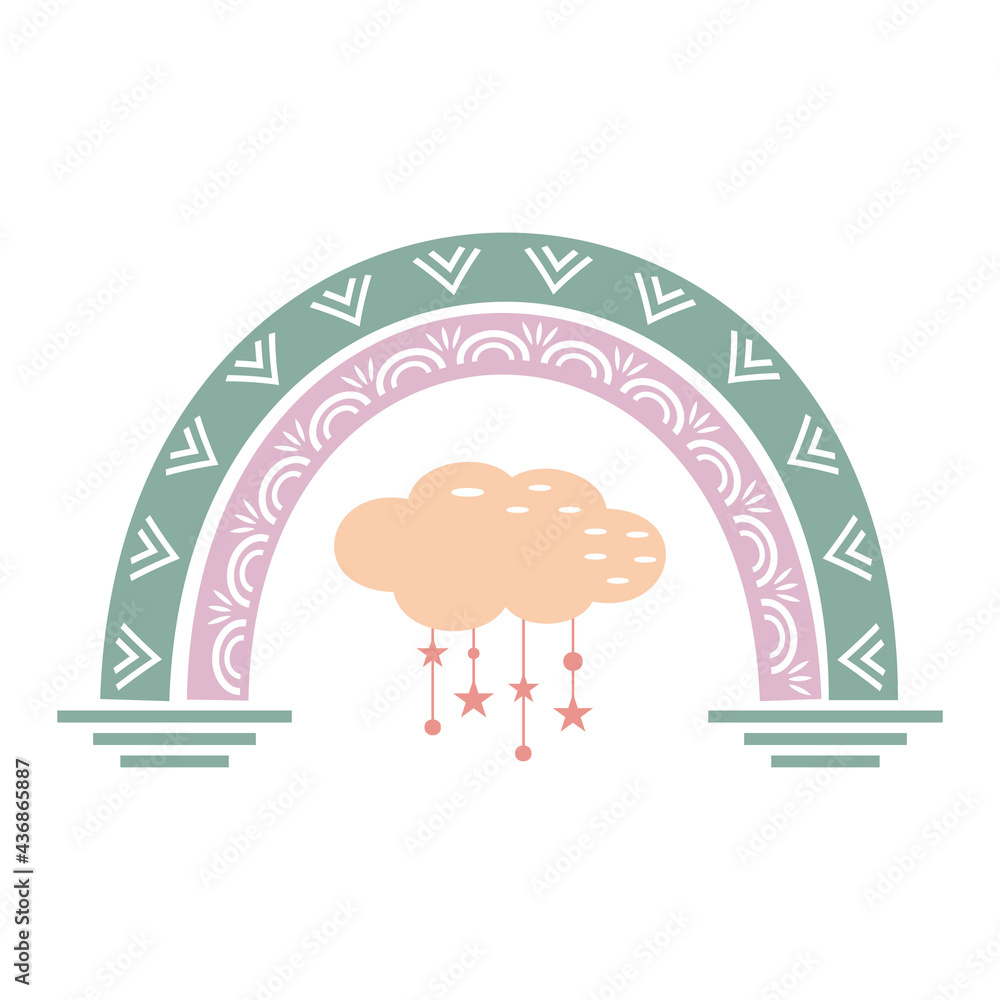 The composition is an abstract rainbow with a pattern and a cloud in boho style The composition is an abstract rainbow with a pattern and a cloud in boho style