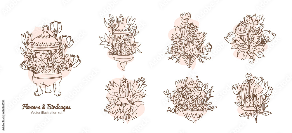 Flowers in a birdcages set. Line art hand drawn doodle design elements with floral botany at birdcages. Elegance and aesthetic vector outline icons set isolated on white. Black and white illustration Flowers in a birdcages set. Line art hand drawn doodle design elements with floral botany at birdcages. Elegance and aesthetic vector outline icons set isolated on white. Black and white illustration
