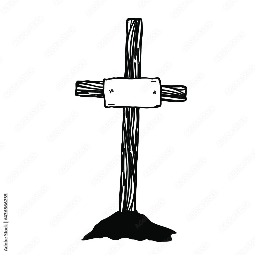 Wooden headstone cross grave doodle logo icon sign Epitaph cemetery