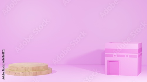 Islamic greeting card design background, with kaaba building and wooden podium on a pink background, suitable for Islamic and Eid al-Adha banners, 3d background renderings