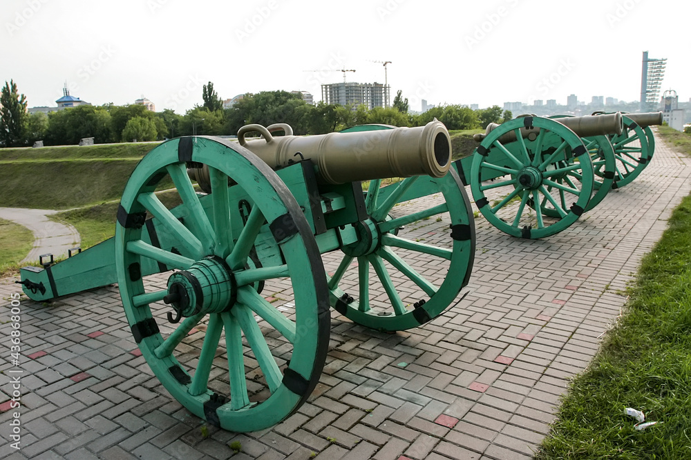 Old cannons in Kyiv fortress, complex of fortification buildings in down town of Kyiv, Ukraine. July 2008