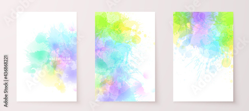 Watercolor effect vector stains. Grunge splatter backgrounds set. Paint stains. Watercolor splatter posters, wall art, greeting cards. Bright colorful grunge paint drops overlay.
