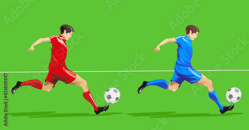 Footballer with a ball in attack. Vector illustration of a football player in blue and red outfit equipment. Soccer player.