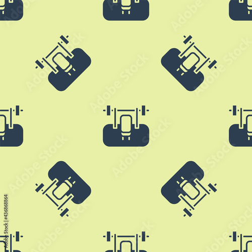 Blue Bench with barbel icon isolated seamless pattern on yellow background. Gym equipment. Bodybuilding, powerlifting, fitness concept. Vector