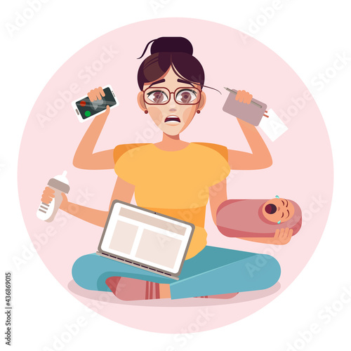 A multi-armed, cute mom with a laptop, a baby, a phone and a diary is trying to do everything in time. Business mom with a ruffled face. Vector illustration.
