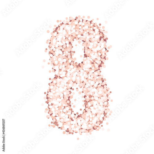 Shiny alphabet number eight of pink gold glitter or confetti, isolated on a white background. Beautiful design for birthday cards, wedding invitations, greeting cards, banners, flyers, posters etc.