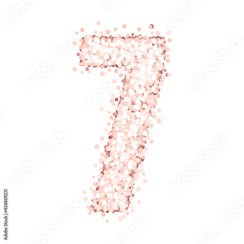 Shiny alphabet number seven of pink gold glitter or confetti, isolated on a white background. Beautiful design for birthday cards, wedding invitations, greeting cards, banners, flyers, posters etc.