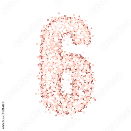 Shiny alphabet number six of pink gold glitter or confetti, isolated on a white background. Beautiful design for birthday cards, wedding invitations, greeting cards, banners, flyers, posters etc.