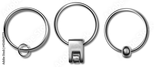 Keychains set keyring holders isolated on white background. Silver colored accessories or souvenir pendants mockup.Reallistic keychain template set.