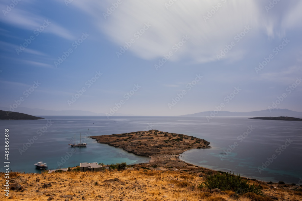 Bodrum, Turkey - october 2020: View from Bodrum coast. Bodrum is one of the most popular summer destinations on Turkey, located by the Aegean Sea, Turkish Riviera. Long exposure picture
