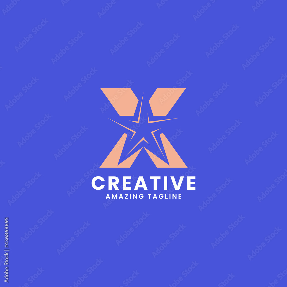 Orange negative space star on letter X logo ini blue background