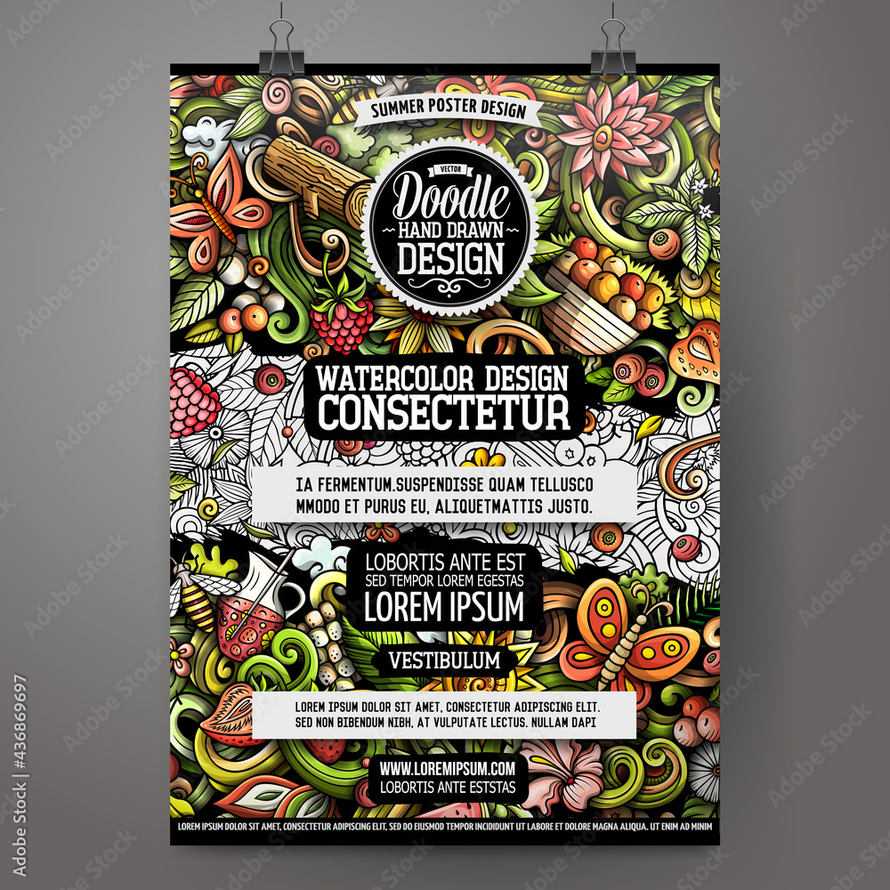 Obraz premium Cartoon colorful hand drawn doodles Summer nature poster template.