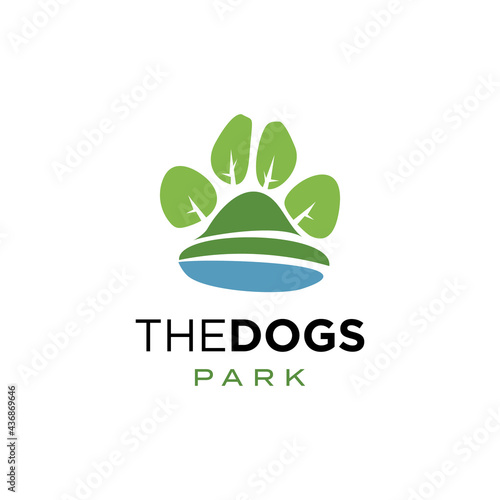 Dog Park Lake Outdoor hills, Modern Paw Shape Puppy Animal Fun Cartoon Logo Design Template Vector Abstract Illustration