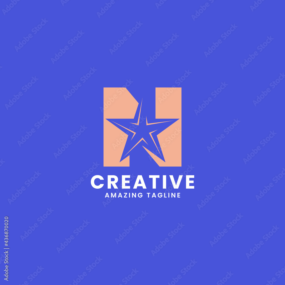 Orange negative space star on letter N logo ini blue background Orange negative space star on letter N logo ini blue background