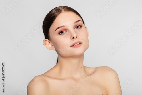 Beauty skin woman natural makeup face cosmetic concept. Beauty portrait of female face with natural clear skin