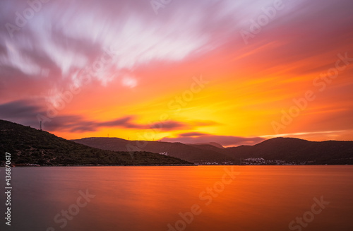 Dreamy Sunset at Torba, Bodrum region, Turkey. Long exposure picture, october 2020