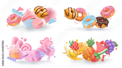 Sweet objects 3d vector cartoon. Cupcake, donuts, cake, fruits