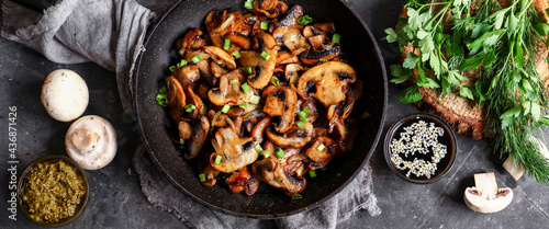 Photography Roasted mushrooms with onion in frying pan on a dark background