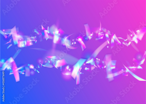 Hologram Effect. Party Prism. Flying Art. Violet Blur Background. Glitter Foil. Cristal Texture. Shiny Christmas Serpentine. Light Glitter. Pink Hologram Effect