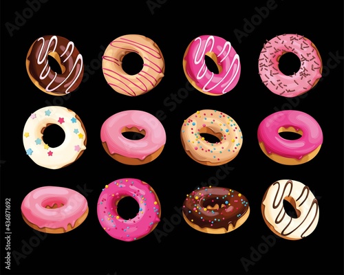 Vector set of high detailed tasty donuts