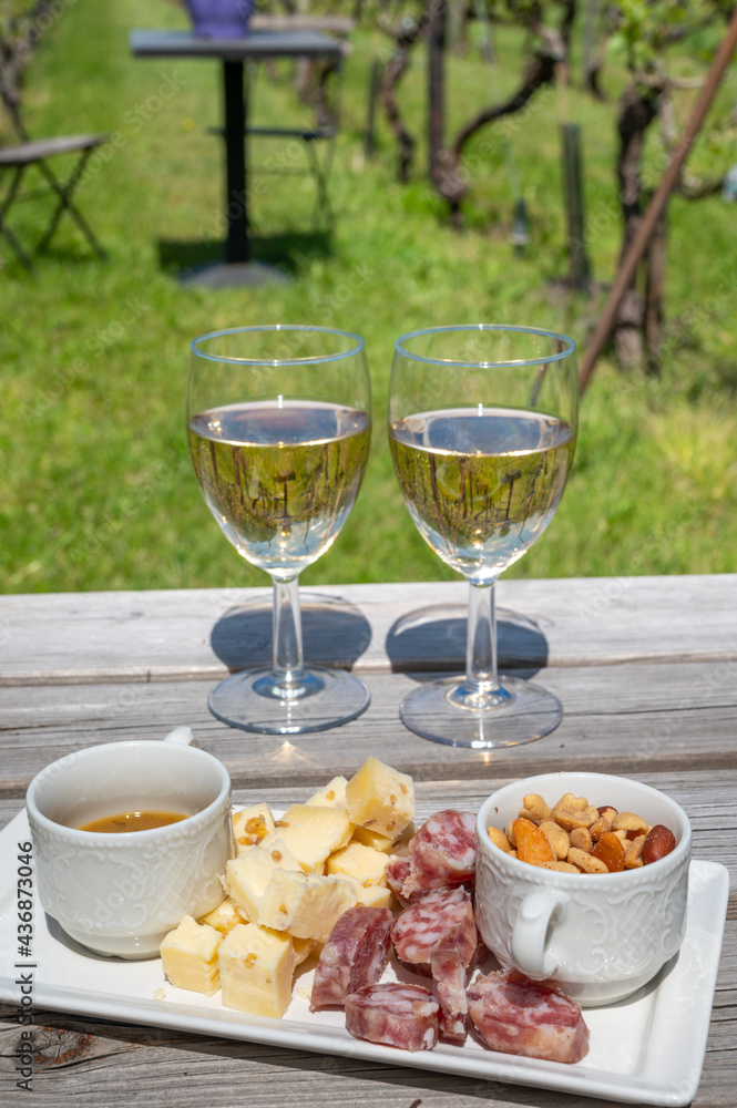 Lunch with Dutch snacks and white wine served outdoor on green meadow with vineyard, wine production in Netherlands Lunch with Dutch snacks and white wine served outdoor on green meadow with vineyard, wine production in Netherlands