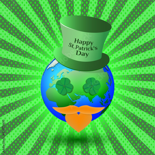 Happy St. Patricks Day. Festive abstract green radiant poster. 3d planet Earth with a red beard and clover-shaped eyes with four lucky petals and a large hat