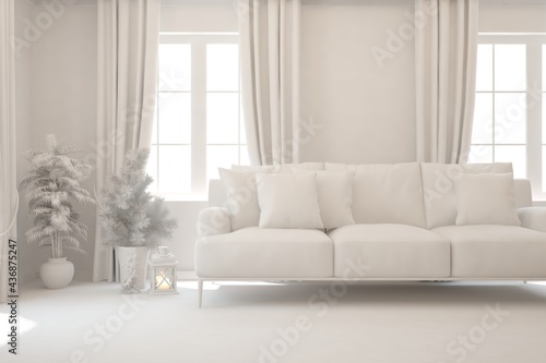 Mock up of minimalist living room in white color with sofa. Scandinavian interior design. 3D illustration