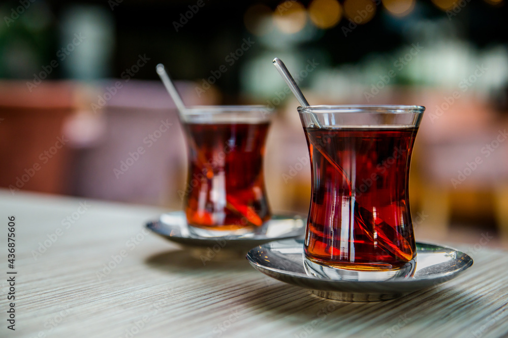 Turkish tea in national glass tea cups. - obrazy, fototapety, plakaty 