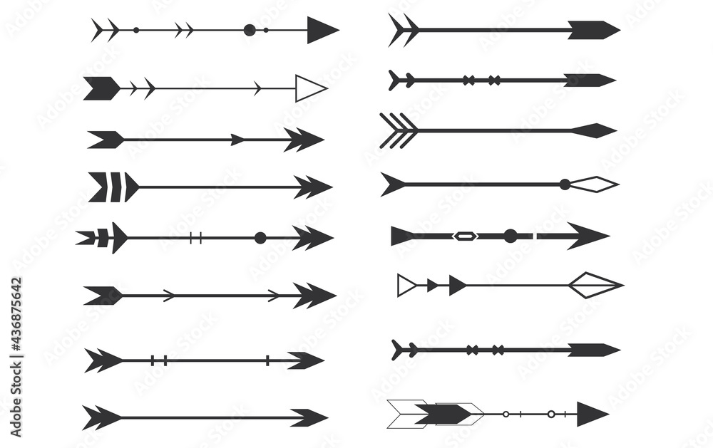 Tribal arrows on a white background. Aztec, boho elements. Retro Arrow.Vector illustration. Set of black vector arrows. Arrow icon. Tribal arrows on a white background. Aztec, boho elements. Retro Arrow.Vector illustration. Set of black vector arrows. Arrow icon.