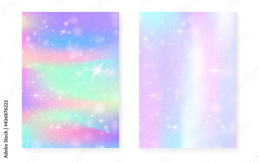 Rainbow background with kawaii princess gradient. Magic unicorn hologram.