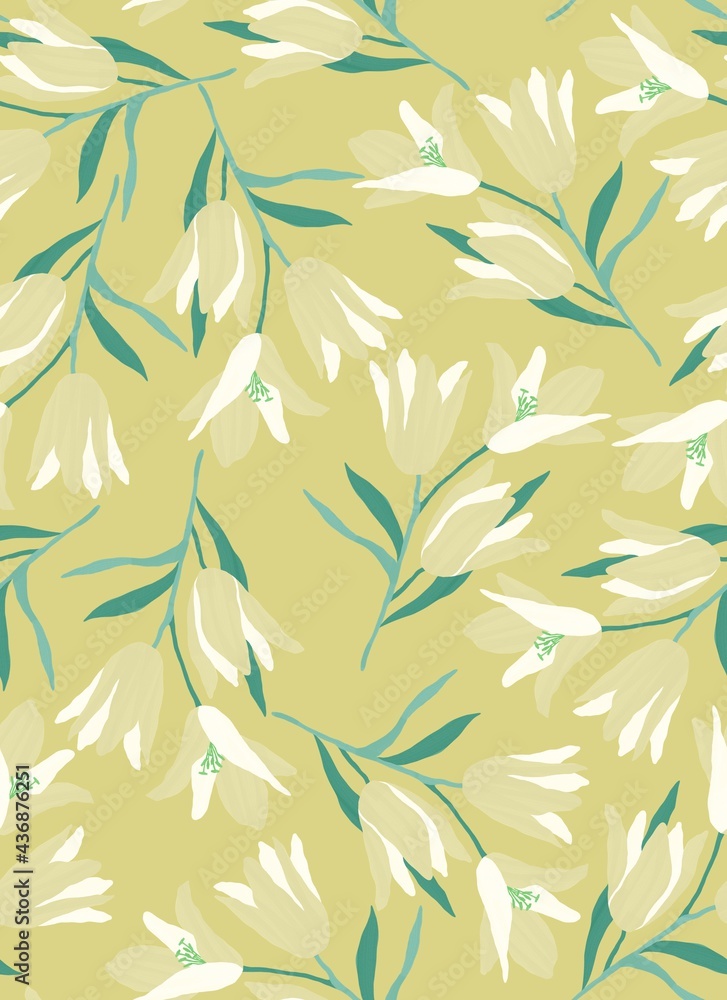 Seamless pattern. Bouquets of lilies with a stem and leaves. Botanical illustration. Design of posters, postcards, textiles, fabrics, wallpaper, wedding design. Seamless pattern. Bouquets of lilies with a stem and leaves. Botanical illustration. Design of posters, postcards, textiles, fabrics, wallpaper, wedding design.