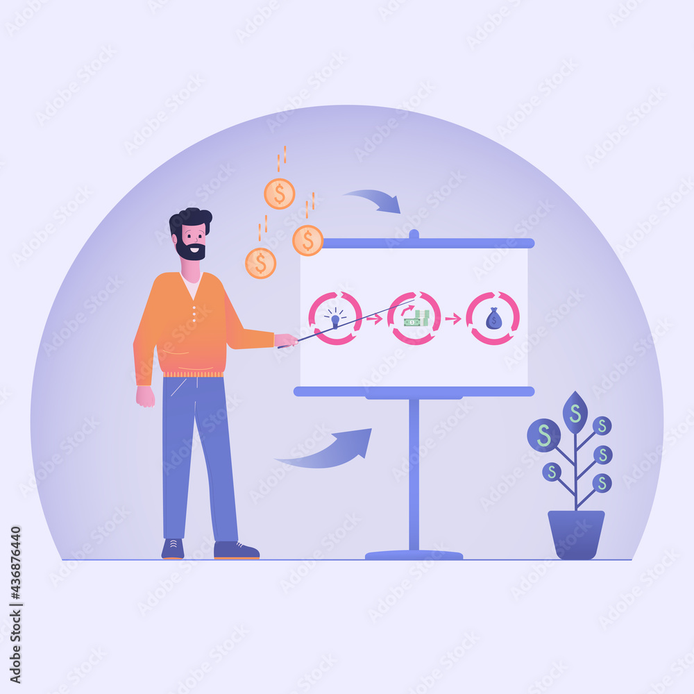 Businessman near a digital interactive whiteboard with a pointer. Presentation of a new business project, concepts, ideas, strategies. Planning, working with the audience. Vector illustration. 