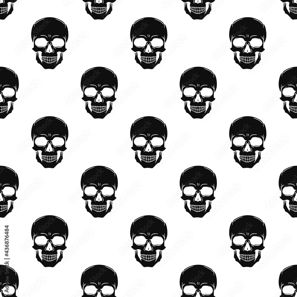 Skulls black and white vector pattern, endless background. Fashionable print.