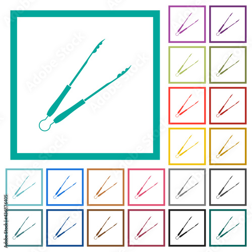 Barbecue tongs flat color icons with quadrant frames
