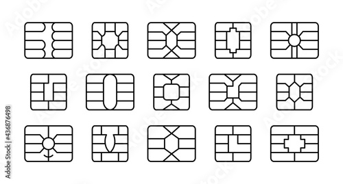 EMV chip. Credit and debit card elements. Vector line icon set. Smart card microchips for terminals and atm. Contactless nfc secure payment technology. Isolated objects