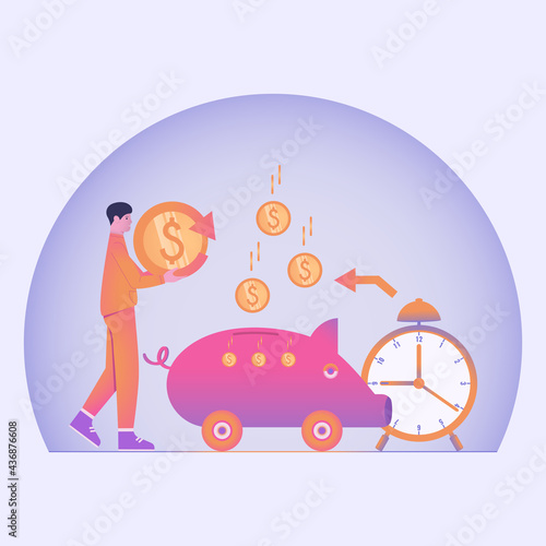 Businessman Carry Gold Coin Pig Piggy Bank Concept Saving Money Saving Cashback. Making money  banking  business and finance  loans and investments. Vector illustration.