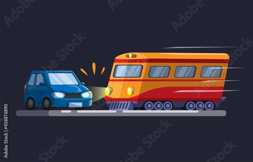 Car hit by train. train crossing accident illustration concept in cartoon vector