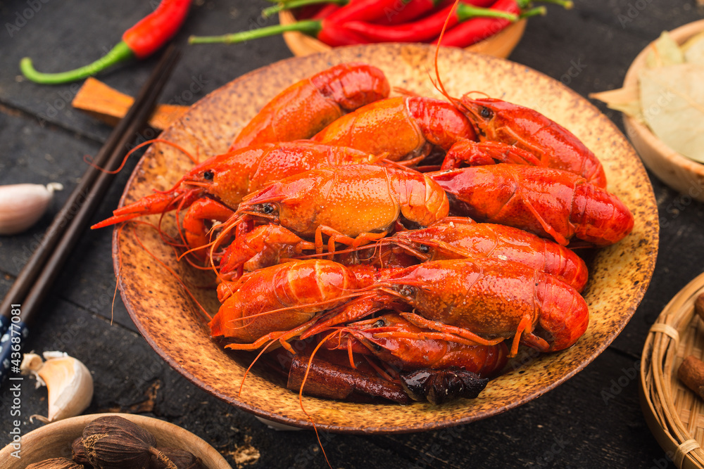 Crayfish. Red boiled crawfishes on table in rustic style, Lobster closeup. Crayfish. Red boiled crawfishes on table in rustic style, Lobster closeup.