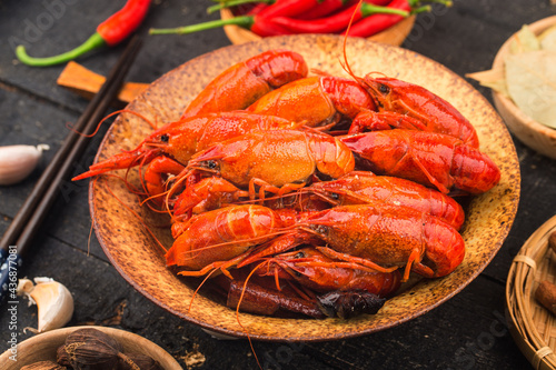 Crayfish. Red boiled crawfishes on table in rustic style,  Lobster closeup.