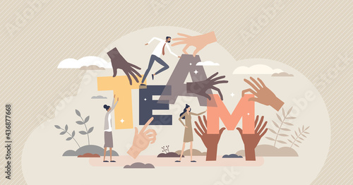Teamwork hands as group holding team letters together tiny person concept. Community partnership and cooperation for common goal and job vector illustration. Employees connection and collaboration.