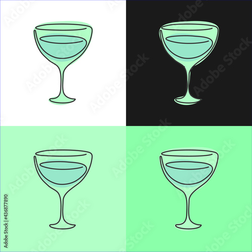 One line drawing vermouth glass on various background. Four types of images. Colored cartoon graphic sketch. Continuous line way. Hand drawn party drinks concept. Freehand drawing style