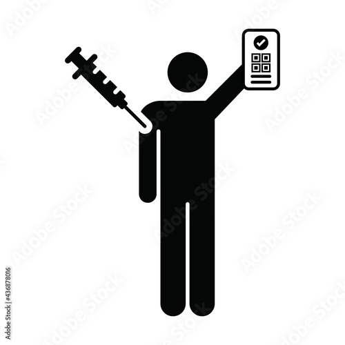 Vaccine passport icon vector with male pictogram symbol for medical and healthcare covid certificate in a glyph illustration