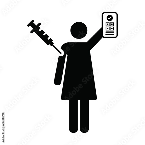 Vaccine passport icon vector with female pictogram symbol for medical and healthcare covid certificate in a glyph illustration