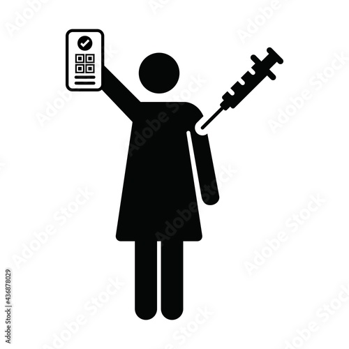 Vaccination passport icon vector with female pictogram symbol for medical and healthcare covid certificate in a glyph illustration