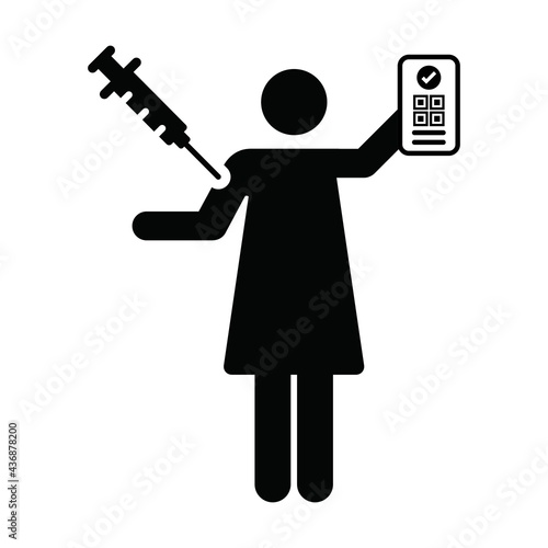 Vaccination report card icon vector with female pictogram symbol for medical and healthcare covid certificate in a glyph illustration